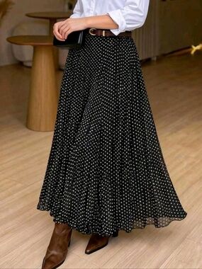 Polka Dot Black Maxi Skirt - Elegant Flowy Women's Skirt